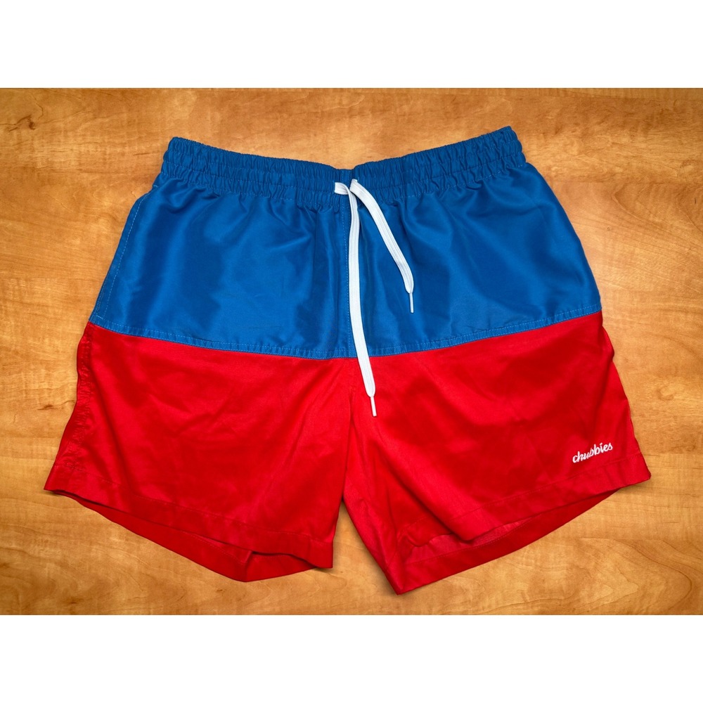 Chubbies Mens Red Blue Colorblock Swim Trunks Mesh Lined Shorts L Made in USA